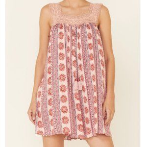 B.O.G. Collective Lace Design Floral Print Smock Neck Short Dress
